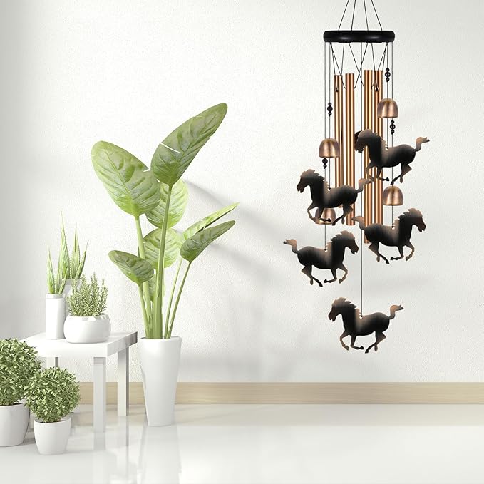 Outdoor Bronze Horse Wind Chimes Decoration, Gifts for Mom, Home, Garden, Balconies, Rooms, Patio, Indoor, Horse Chimes, 4 Aluminum Tubes 5 Horses Wind Chime, Horse Wind Catcher, Horse Wind Bell Gift