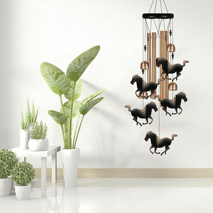 Outdoor Bronze Horse Wind Chimes Decoration, Gifts for Mom, Home, Garden, Balconies, Rooms, Patio, Indoor, Horse Chimes, 4 Aluminum Tubes 5 Horses Wind Chime, Horse Wind Catcher, Horse Wind Bell Gift