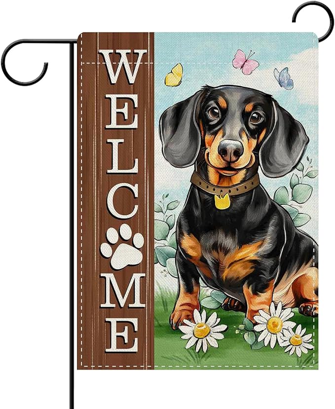 Dyrenson Welcome Dachshund Dog Decorative Garden Flag, Paw Prints Yard Outside Home Decoration Pet Owner Lover Gift, Spring Summer Burlap Outdoor Small Decor Double Sided 12 x 18