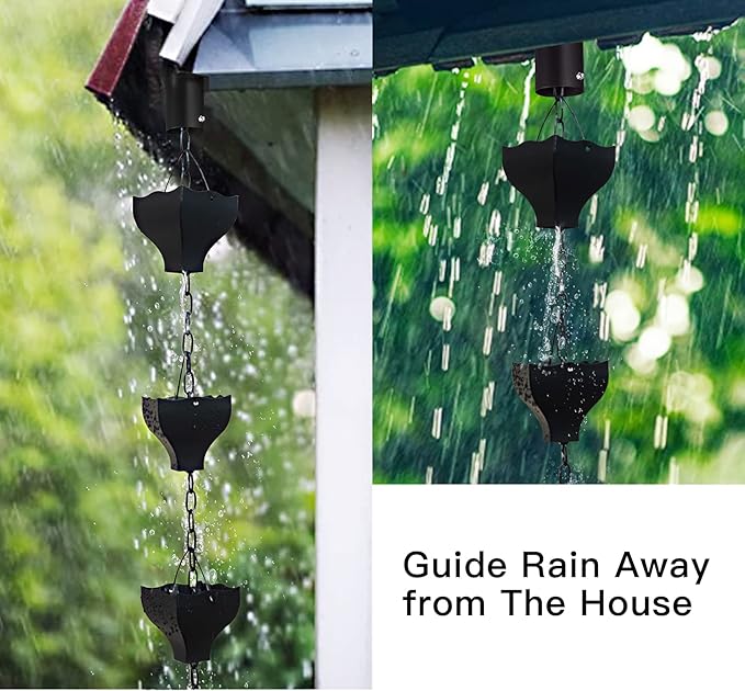 Rifachua 8.5ft Black Rain Chain for Gutters Downspouts Outside, Rain Chains Black Cups Barrel, Functional and Decorative Replacement for Gutter Downspouts