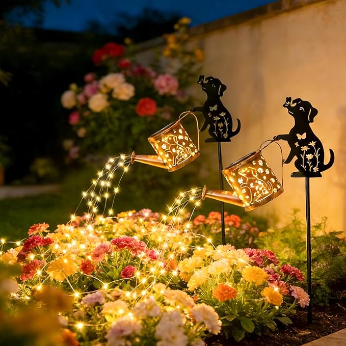 Outdoor Solar Dog Garden Decorative,Solar Watering Can with Light, Featuring Metal Dog Statue Silhouette Stake, Day Gift for Women, for Outside Landscapes,Lawn, Path Decoration