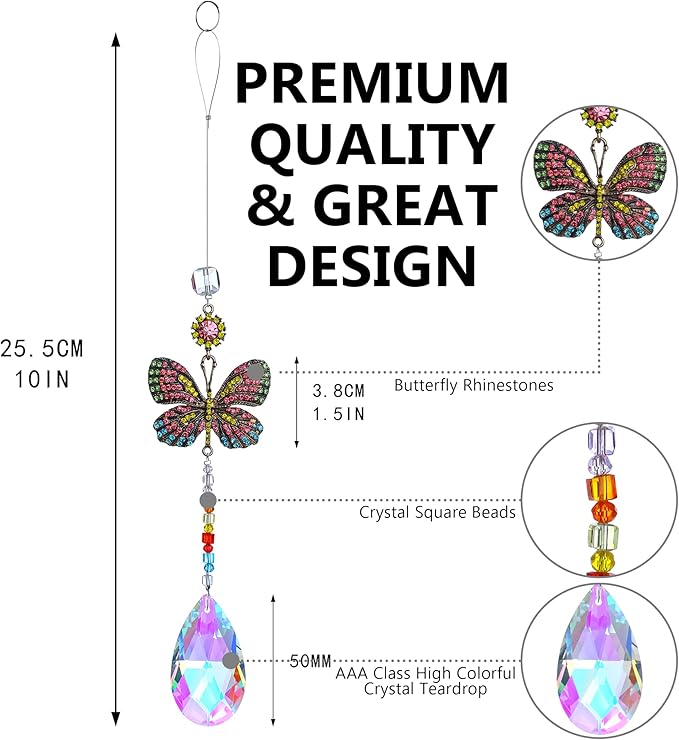 Hanging Butterfly Shaped Suncatcher Crystals, Glass Teardrop Prism Rhinestones Sun Catchers, Rainbow Maker Pendant Indoor Window Home Car Decor Gift