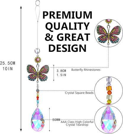 Hanging Butterfly Shaped Suncatcher Crystals, Glass Teardrop Prism Rhinestones Sun Catchers, Rainbow Maker Pendant Indoor Window Home Car Decor Gift
