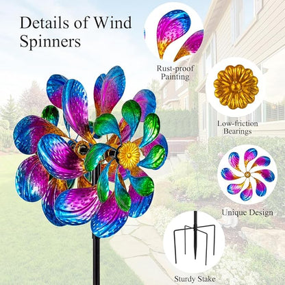 Metal Wind Spinners Outdoor,13'' Dia Purple Garden Wind Spinner & Sculpture,Waterproof Garden Windmill for Yard Art Decorations