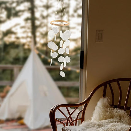 Handmade Capiz Wind Chimes for Outside, Outdoor Seashell Hanging Beach Coast Ocean Home Decorative, Unique Natural Shell Waterfall Windchimes for Summer Patio, Great Memorial Sympathy Gift（White