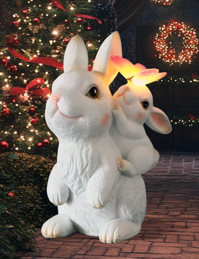 Solar Garden Statues Rabbit with Solar Lights,Mother&Baby Bunny Figurine with Butterfly Changing Lights for Yard Art Garden&Patio Decor,Unique Easter&Birthday Gifts for Women Mom Grandma