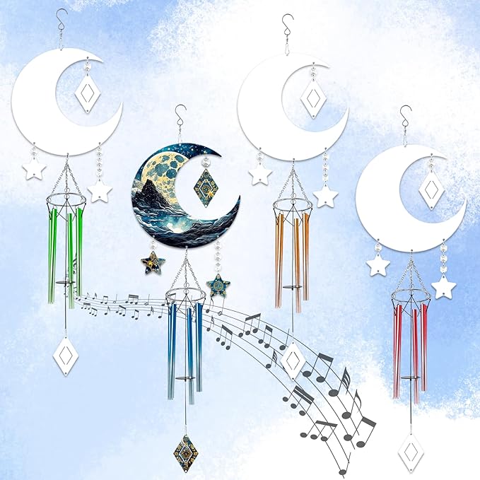 4 Packs Sublimation Wind Chime Wind Spinner Blanks Set 3D Aluminum Metal Wind Sculpture Kinetic Spinners Chimes for Yard and Garden Indoor Hanging Decoration (Moon)