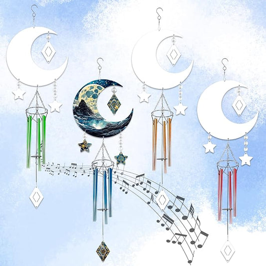 4 Packs Sublimation Wind Chime Wind Spinner Blanks Set 3D Aluminum Metal Wind Sculpture Kinetic Spinners Chimes for Yard and Garden Indoor Hanging Decoration (Moon)