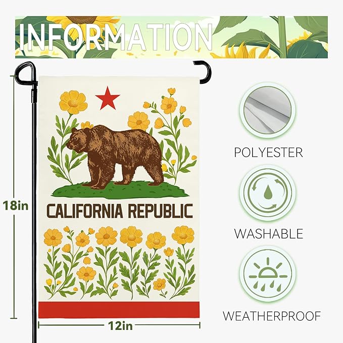 California Bear Flag Garden Flag with California Poppy Golden State Patriotic Republic Home Welcome Flags Front Porch Patio Decor Seasonal Flower CA Heavy Duty House Banner 12x18 Inch