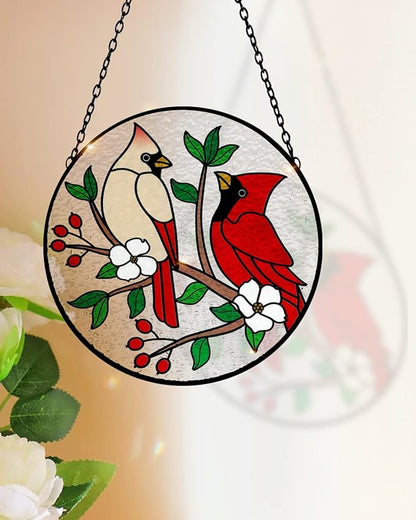 Tuitessine Cardinal Stained Glass Suncatcher - Red Bird Sun Catcher - Hand-Painted Glass Panel - Decor for Window - Christmas & Birthday Gift for Grandma & Birds Lover - 6.3x6.3