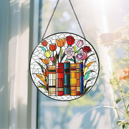 Flower Book Stained Glass Window Hanging 6'' Sun Catcher Book Club Lover Gifts for Women Reading Room Decor Handmade SunCatcher Decoration for Garden Home Bookish Library Decor