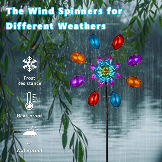 DREAMYSOUL Wind Spinners Outdoor, 10" Dia Colorful Metal Pinwheels for Yard and Garden, Kinetic Wind Sculptures & Spinner Outside (Red Flowers)