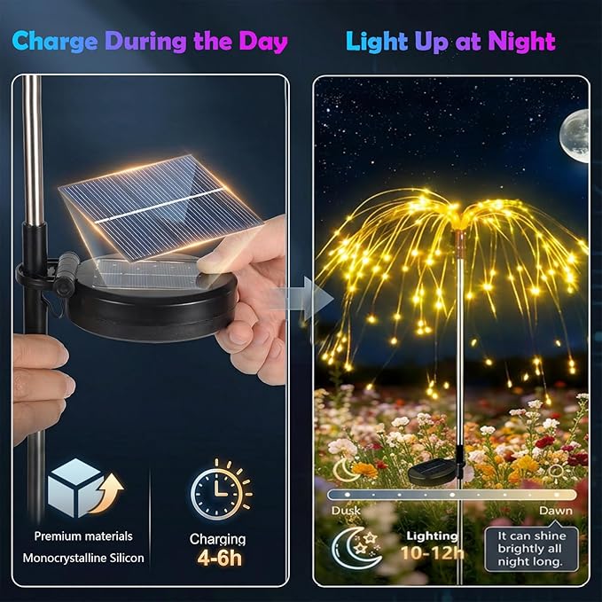 2 Pack Solar Firework Lights Outdoor, Adjustable 32" to 51" Extra Tall, Verified 200 LED Warm White Stainless Steel 3-Section Pole, 8 Modes Waterproof Starburst Garden Lights for Patio Walkway