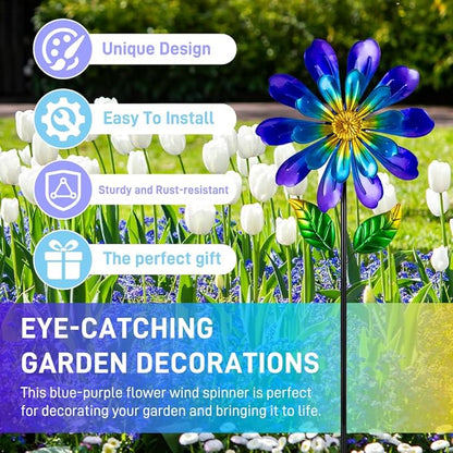 Metal Flower Wind Spinners Outdoor,Double-Layer Garden Windmill Flower Pinwheels for Yard and Garden Decorations