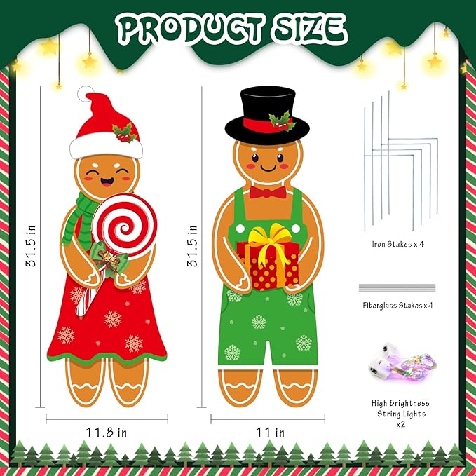 2 Pcs Christmas Decorations Outdoor Indoor Large Gingerbread Man Boy and Girl Yard Stakes - Christmas Tree Decorations - for Lawn Garden Front Door Home Farmhouse Porch