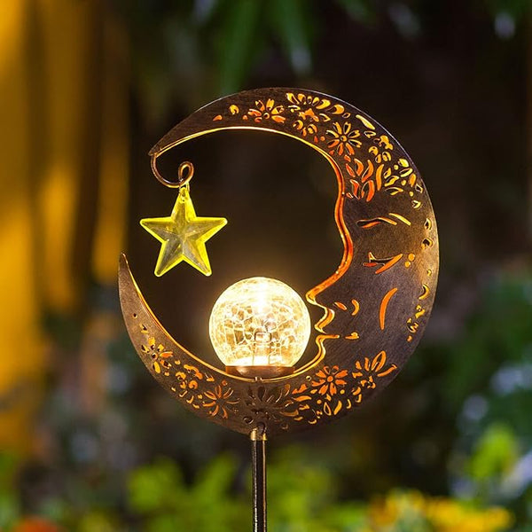 Hapjoy Solar Lights Outdoor Decor Moon Lantern for Patio,Lawn or Pathway Moon Decorations Crackle Glass Globe Stake Metal Lights Waterproof Warm LED Garden Gifts (Bronze)