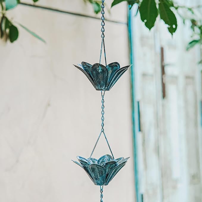 TZSSP Rain Chains Decorative Rain Chain Bell with 12 Cups, Decorative Rain Catcher 8-1/2 Length, Blue