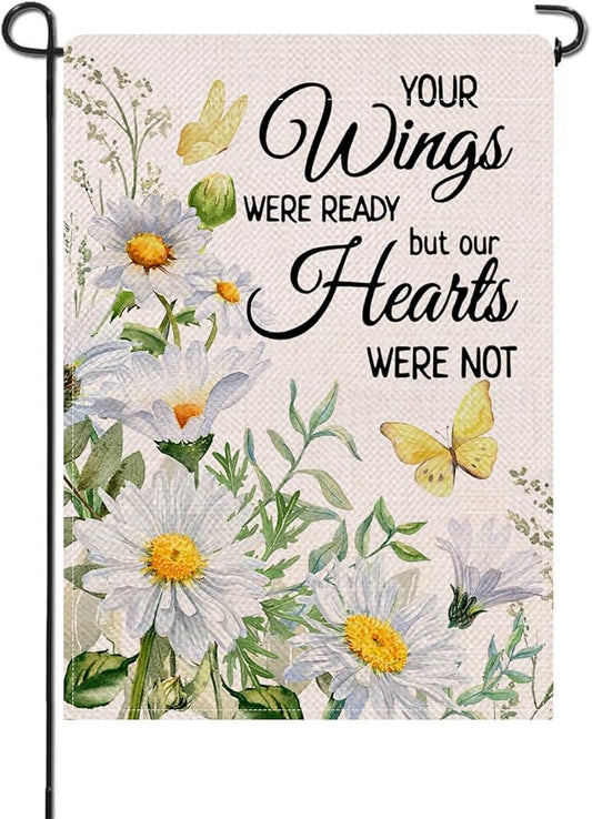 Artofy Memorial Daisy Flower Small Decorative Garden Flag, Your Wings Were Ready Floral Butterfly Cemetery Yard Lawn Outside Decor, Spring Summer Burlap Outdoor Home Decoration Double Sided 12 x 18