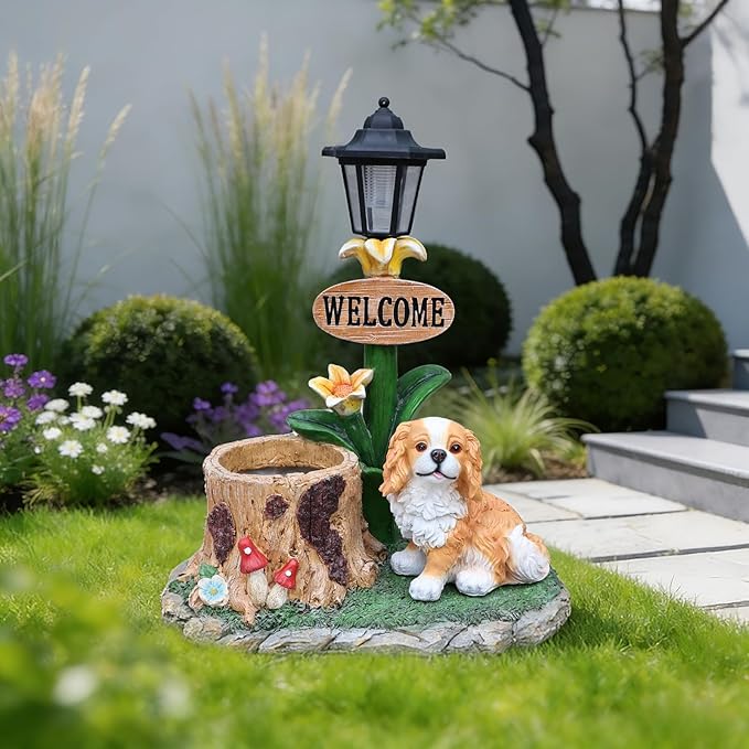 20" Solar Cavalier King Charles Spaniel Garden Statue with Welcome Sign & Planter - Large Dog Sculpture with LED Street Lantern - Weatherproof Resin Tree Stump Flower Pot for Porch, Yard & Patio