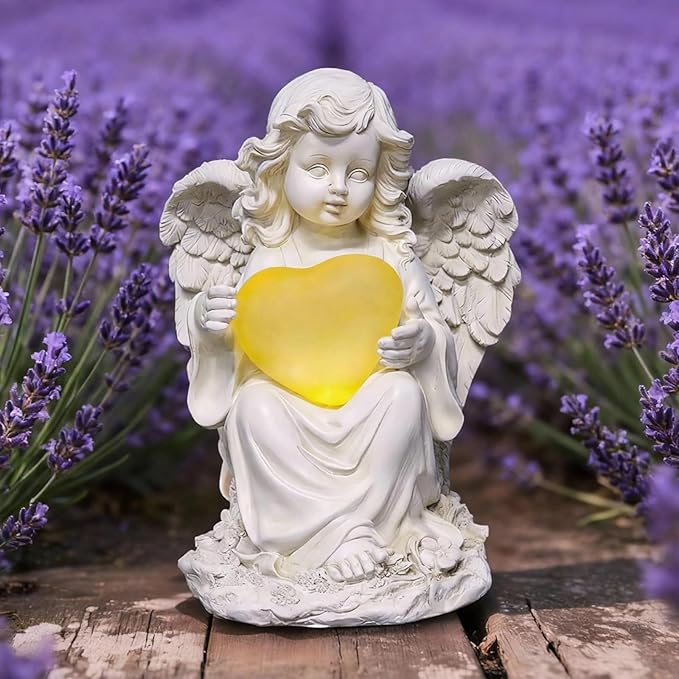 Angel Statues for Garden, Solar Angels for Outside with Glowing Heart & Cemetery Decorations for Grave, Yard Art Patio Balcony & Lawn Ornaments Gifts for Mom Grandma Women