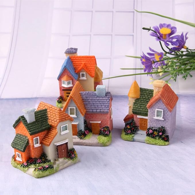 Resin Miniature House 4PCS Miniature House Fairy Gardening Micro Landscape Village Stone House Bonsai Terrarium Crafts Ornaments Accessories Home Decoration (B)