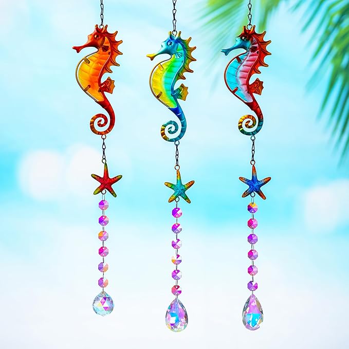 3PCS Seahorse & Starfish Crystal Suncatchers, Stained Glass Metal Hanging Sun Catcher Set with Colorful Crystal Prisms, Rainbow Maker Window Garden Patio Fence Décor