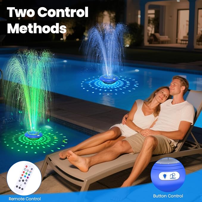 Floating Pool Fountain with Lights Show, 9 Pool Light Modes and 3 Fountain Modes with Remote for Inground Above Ground Pool, Upgraded Rechargeable Pool Fountains with Anchor-1 PC