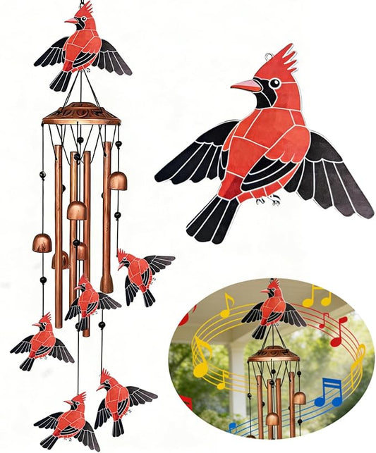 Cardinal Wind Chimes for Outside, Metal Bird Wind Chime with Aluminum Tubes, Garden & Porch Outdoor Decor, Red Cardinal Yard Decoration Gift