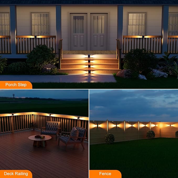 6 Pack Solar Powered Step Lights Outdoor Waterproof LED for Deck Stair Safety Outside Decorative Lamps for Porch Railing, Fence, Walkway, Yard, Patio, 2 Sided Warm White Lighting for Enhanced Security