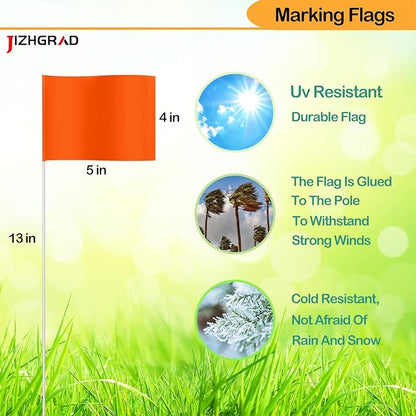 50Pack Orange Marking Flags, JIZHGRAD 13x4x5 Inch Marker Flags Use for Yard & Lawn, Boundary & Dog Training, Survey & Landscape, Sprinkler & Surveyor, Garden & Construction, High Visibility, Sturdy, Versatile, UV & Weather Resistant
