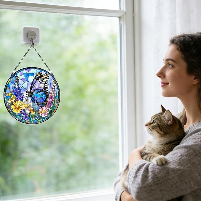 7.87" Sun Catchers Indoor Window,Butterfly Stained Glass Window Hanging, Window Suncatcher Hanging Ornaments Wall Art, Hand-Painted Glass Panel Home Decor (Style R)