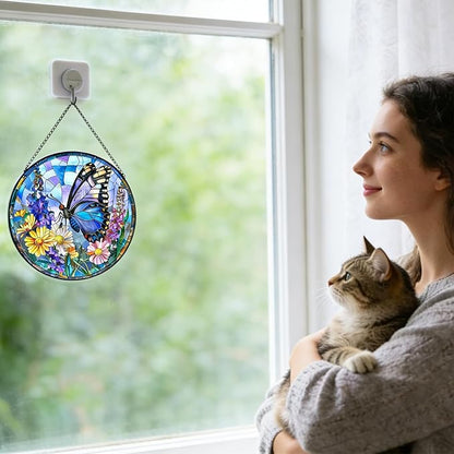 7.87" Sun Catchers Indoor Window,Butterfly Stained Glass Window Hanging, Window Suncatcher Hanging Ornaments Wall Art, Hand-Painted Glass Panel Home Decor (Style R)