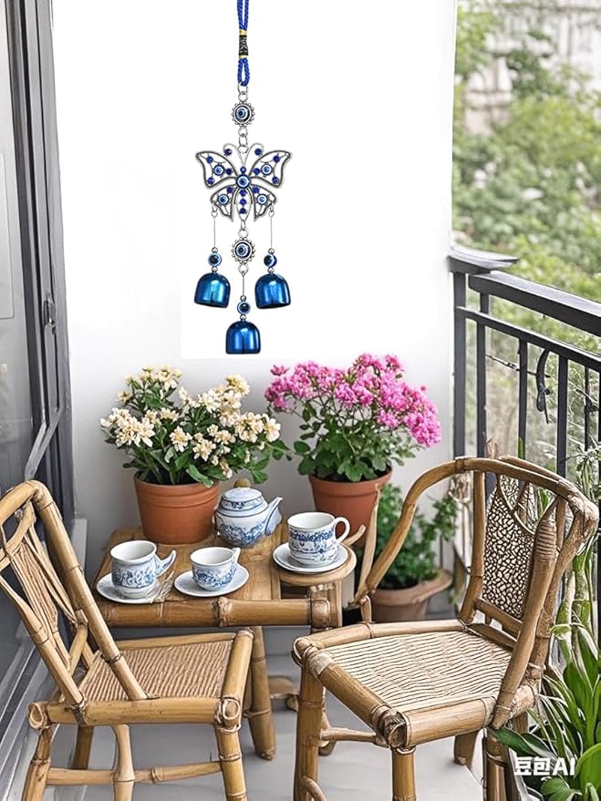 Creative Handmade Alloy Wind Chime Evil Eye Butterfly Sunflower Talisman Pendant Handmade Good Luck Charm, Car Kitchen Home Garden Patio Office (1pc Butterfly Blue Eye)
