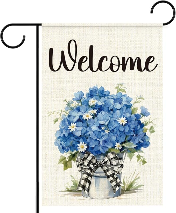 Blue Hydrangeas Spring Garden Flags for Outside,Welcome Spring Yard Flag for Porch Lawn Outside Decor 12x18 Inch Double Sided