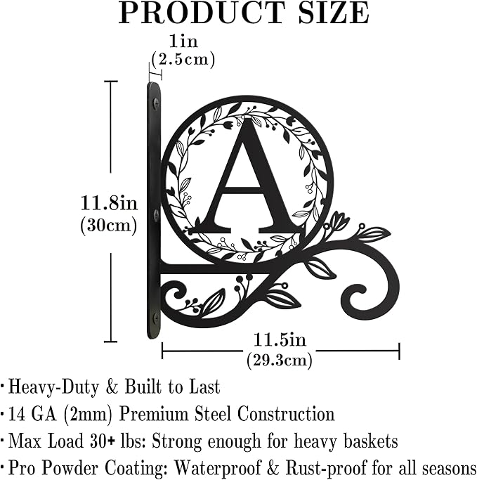 Personalized Initial Metal Plant Hanger Bracket, Decorative Wall Mount Hanging Plant Hook, Monogram Floral Leaf Garden Stake for Hanging Baskets Bird Feeders Lanterns Wind Chime (A)