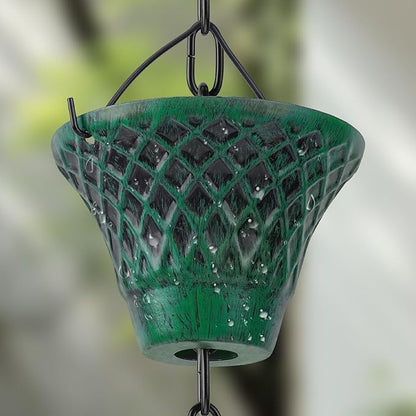 Retro Green Cup Rain Chain, 103.9" Metal Rain Catcher Chain for Gutters, Decorative Outdoor Rain Chain with Distressed Finish, Garden Downspout Diverter Replacement Ornament