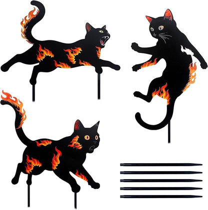 3 Pack Metal Black Cat Statues with Flame Design -Black Cat Decor Yard Signs with Stakes, Rustproof Halloween Yard Decor, Outdoor Garden Stakes for Haunted House, Lawn, and Everyday Decor (3)