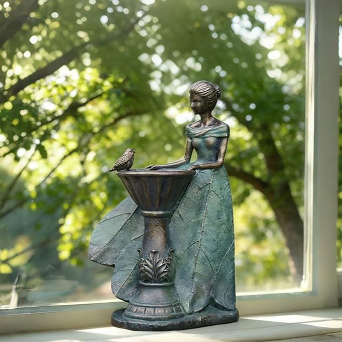 DiliComing Fairy Outdoor-Statues Garden-Decor with Solar - 12 Inch Resin Leaf Girls Birdbath Sculpture Waterproof Outdoor Decor for Patio/Yard, Unique Bird Feeder Figurines Home Decor Gifts for Women