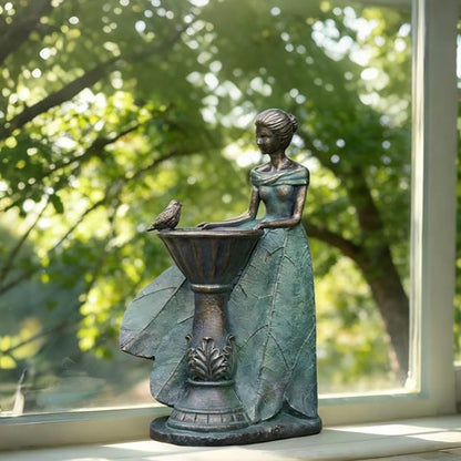 DiliComing Fairy Outdoor-Statues Garden-Decor with Solar - 12 Inch Resin Leaf Girls Birdbath Sculpture Waterproof Outdoor Decor for Patio/Yard, Unique Bird Feeder Figurines Home Decor Gifts for Women