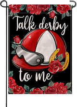 Artofy Kentucky Helmet Small Decorative Garden Flag, Talk Derby To Me Roses Churchill Downs Yard Lawn Outside Decor, Horse Racing Horseshoe Burlap Outdoor Home Decoration Double Sided 12 x 18