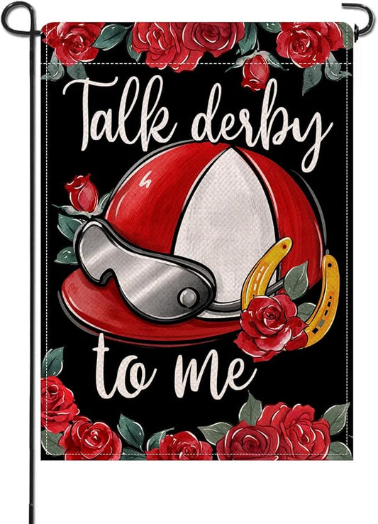 Artofy Kentucky Helmet Small Decorative Garden Flag, Talk Derby To Me Roses Churchill Downs Yard Lawn Outside Decor, Horse Racing Horseshoe Burlap Outdoor Home Decoration Double Sided 12 x 18