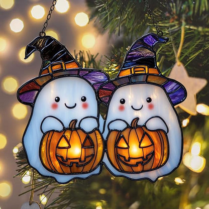 Cute Witch Ghost and Pumpkin Acrylic Suncatcher Stained Glass Effect Window Car Hanging Christmas Ornament Indoor Outdoor Decor Garden Sun Catcher Panel for Halloween Lover for Women Mom Grandma