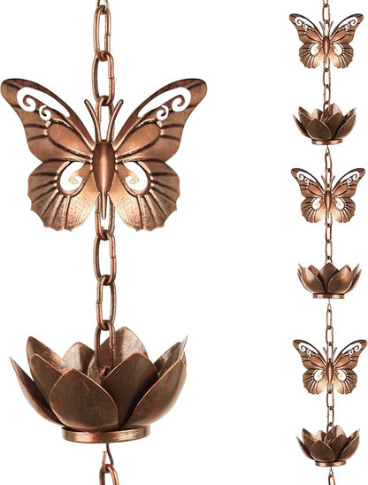 shumi 8.8ft Rain Chain for Gutters Downspouts Outside, 11 Butterfly Cups with 12 Copper Lotus Rain Chain Cups, Functional and Decorative Replacement for Gutter Downspouts