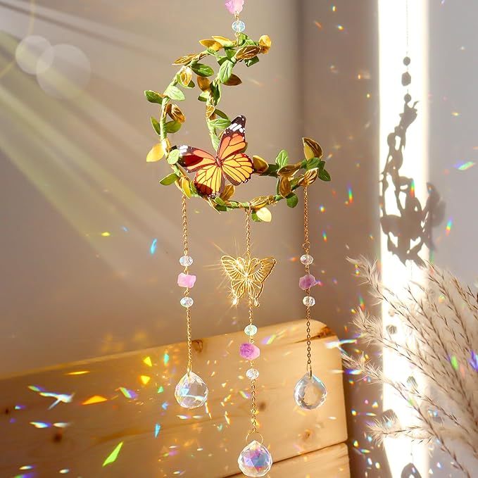 Hanging Crystals SunCatcher with Leaves Moon Suncatcher Rainbow Maker Handmade Window Garden Car Decor Gift (Moon)