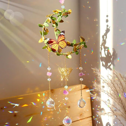 Hanging Crystals SunCatcher with Leaves Moon Suncatcher Rainbow Maker Handmade Window Garden Car Decor Gift (Moon)