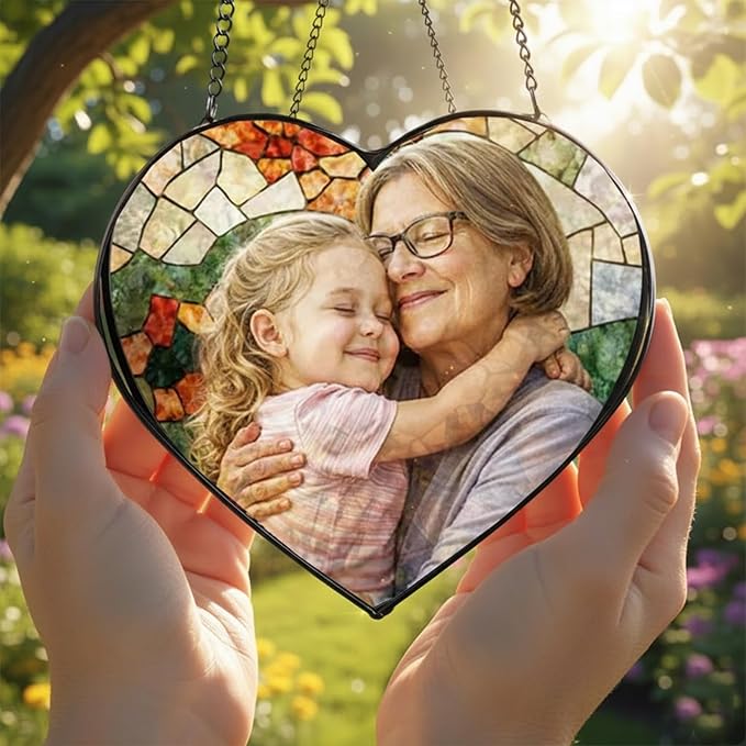 NAZENTI Personalized Grandma Stained Glass Portrait Ornament Gifts for Mother's Birthday, Custom Family Photo Suncatcher Window Hanging Gift for Grandma Grandpa, Family Photo Gift, Holiday Keepsake