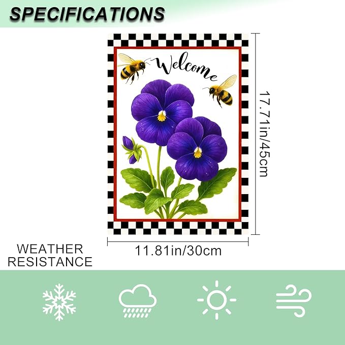 IVN Welcome Garden Flag 12x18 Inch Double Sided Spring Summer Garden Yard Flags Purple Pansy Flowers Bees Decorative Small Flags for Outdoor Seasonal Front Door Lawn Porch Patio Decor Yard Flag