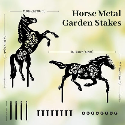 2 Pcs Year of The Horse Metal Garden Stakes, Running & Jumping Horse Silhouette Yard Art, Outdoor Lawn Patio Decor for Lunar New Year Rustic Metal Yard Stakes for Garden Pathway Farm Decor