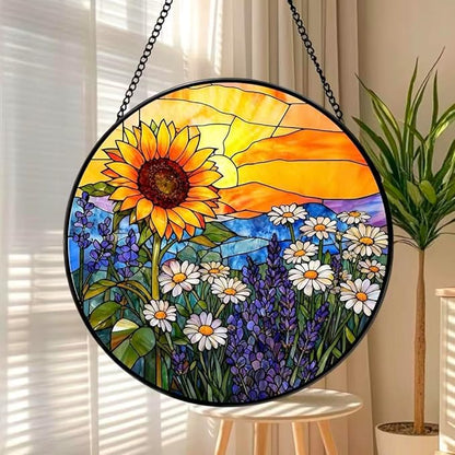 Stained Glass Window Hanging - Sunflowers, Daisies, Lavender and Sunset 7.8 Inches Suncatcher for Garden Home Decor for Women Mon Grandma Friends