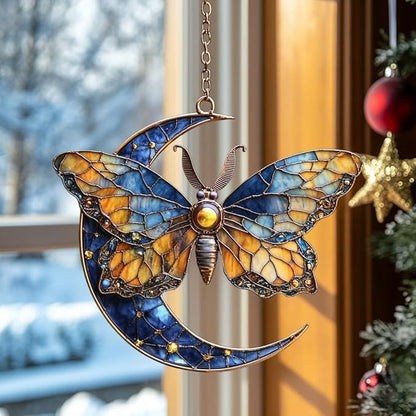 Vivid Tiffany Butterfly Moon Art Acrylic Suncatcher Stained Glass Effect Window Car Hanging Christmas Ornament Indoor Outdoor Decor Garden Sun Catcher Panel for Boho Lover for Women Mom Grandma